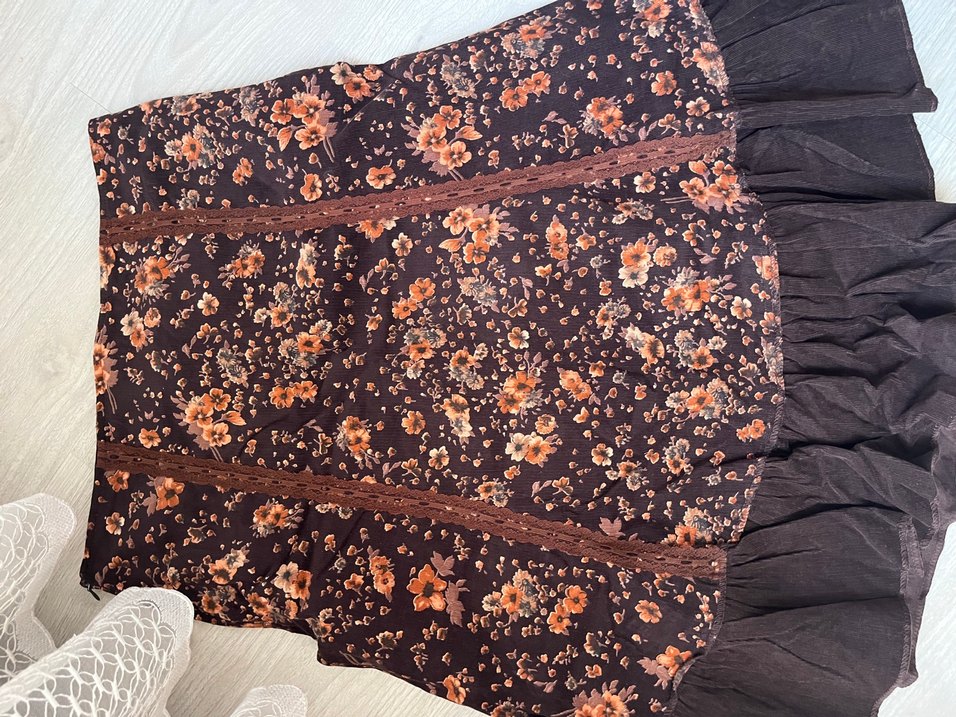 Bohem Nakışlı ince fitilli kadife Kahverengi Midi Etek - Görsel 4