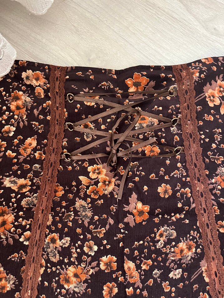 Bohem Nakışlı ince fitilli kadife Kahverengi Midi Etek - Görsel 2