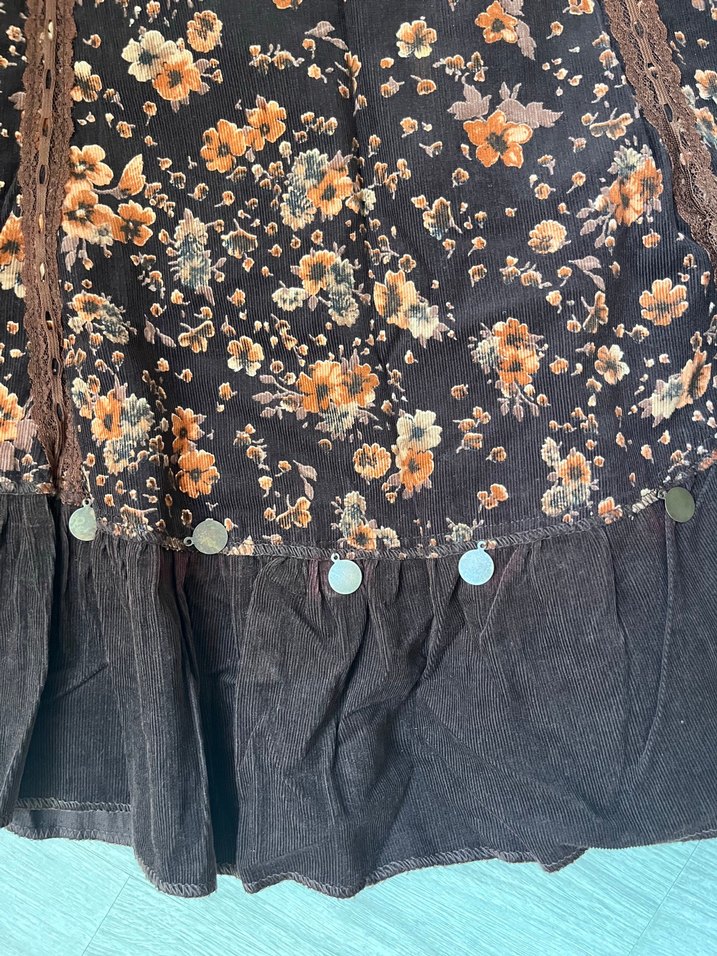 Bohem Nakışlı ince fitilli kadife Kahverengi Midi Etek - Görsel 3