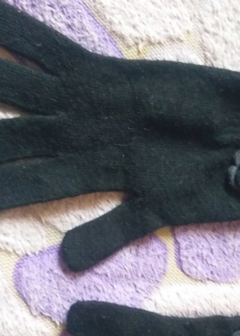 Siyah Örgü Kadın Eldiven Çiçek Detaylı - Görsel 5