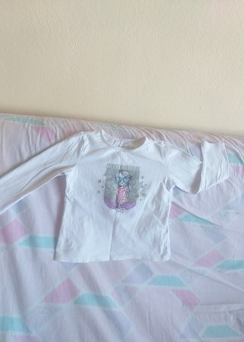 Beyaz Uzun Kollu Kız Tişörtü, Baskılı, Düğmeli - Görsel 6