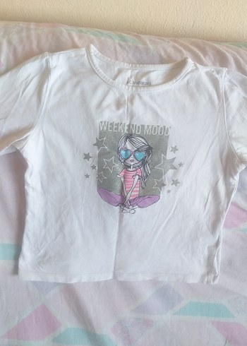 Beyaz Uzun Kollu Kız Tişörtü, Baskılı, Düğmeli - Görsel 3