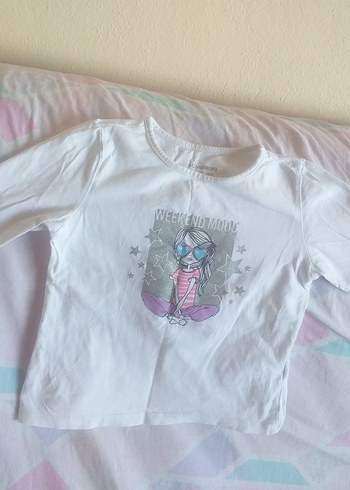 Beyaz Uzun Kollu Kız Tişörtü, Baskılı, Düğmeli - Görsel 5