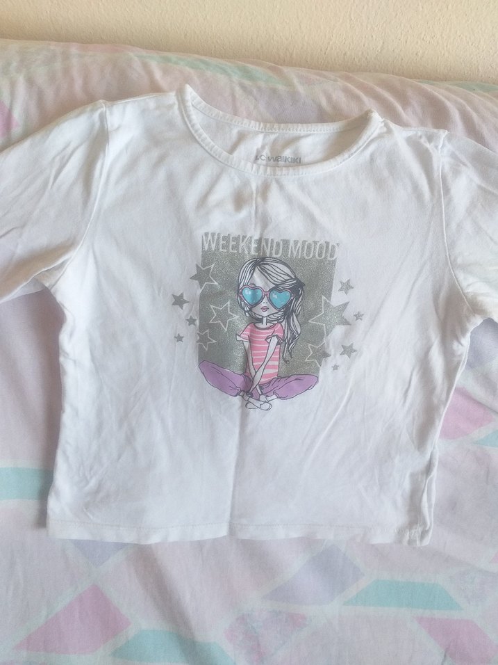 Beyaz Uzun Kollu Kız Tişörtü, Baskılı, Düğmeli - Görsel 3