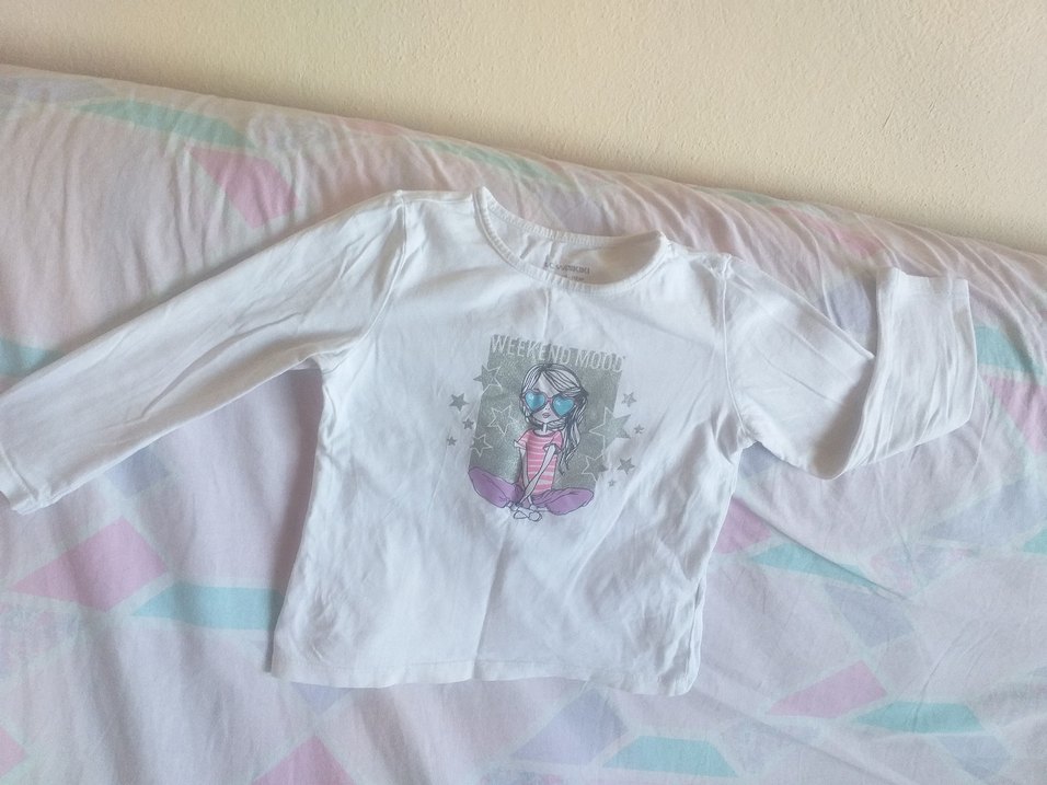 Beyaz Uzun Kollu Kız Tişörtü, Baskılı, Düğmeli - Görsel 5