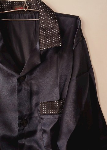 Düğmeli Lacivert Saten Erkek Pijama Takımı - Görsel 2