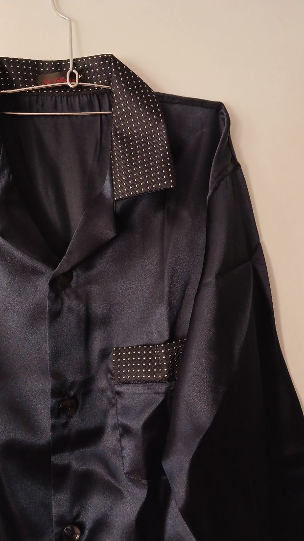 Düğmeli Lacivert Saten Erkek Pijama Takımı - Görsel 2