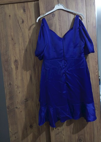 Saten Kumaşlı Mavi Midi Drapeli Kadın Elbise - Görsel 2