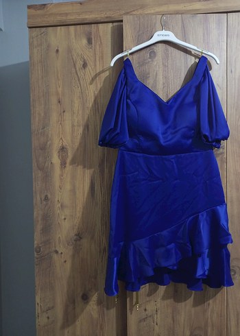 Saten Kumaşlı Mavi Midi Drapeli Kadın Elbise - Görsel 3