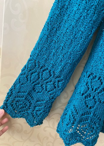 Bohem V Yakalı Turkuaz Örgü Kadın Kazak - Görsel 3