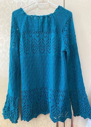 Bohem V Yakalı Turkuaz Örgü Kadın Kazak - Görsel 2