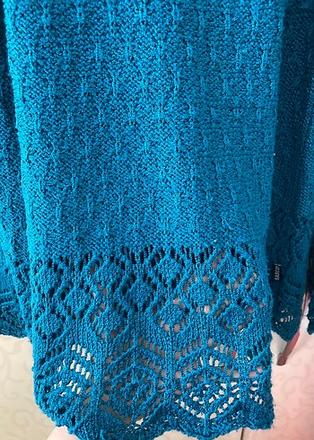 Bohem V Yakalı Turkuaz Örgü Kadın Kazak - Görsel 5