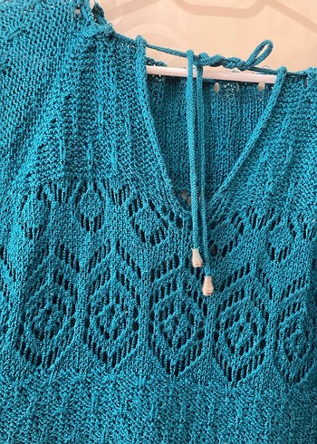 Bohem V Yakalı Turkuaz Örgü Kadın Kazak - Görsel 4