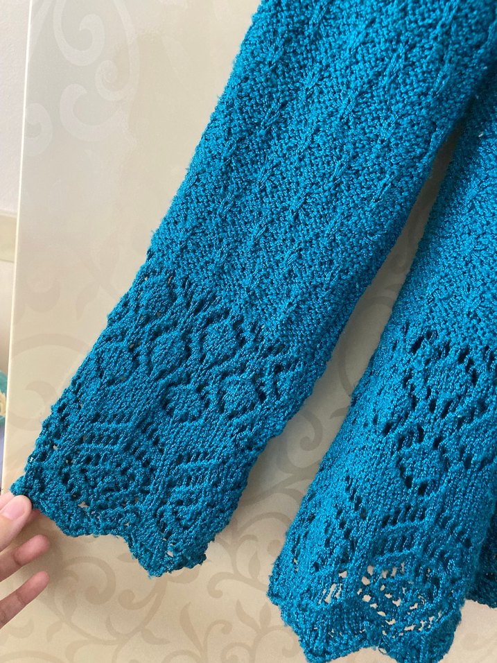 Bohem V Yakalı Turkuaz Örgü Kadın Kazak - Görsel 3