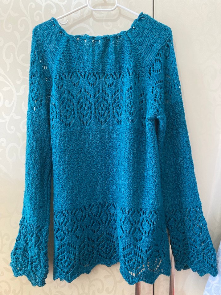 Bohem V Yakalı Turkuaz Örgü Kadın Kazak - Görsel 2