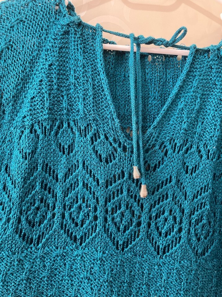 Bohem V Yakalı Turkuaz Örgü Kadın Kazak - Görsel 4