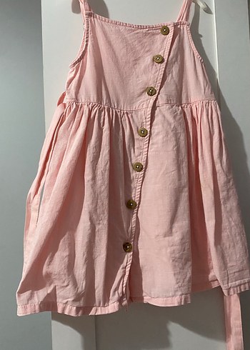 Kız Çocuk Pembe Keten Düğmeli Elbise