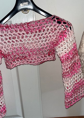 Pembe Straplez Örgü Mini Kazak - Görsel 3