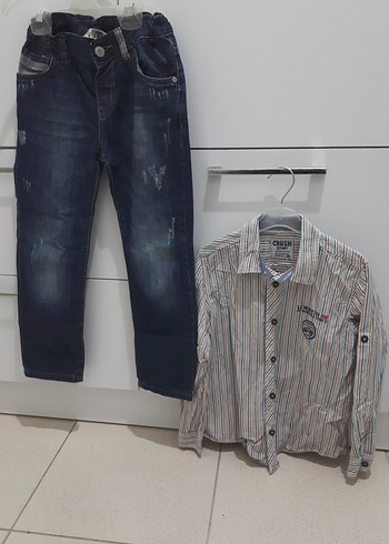 Gri Çizgili Erkek Çocuk Kot pantolon ve Gömlek  Takımı - Görsel 2