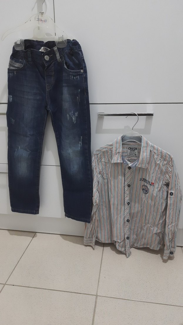 Gri Çizgili Erkek Çocuk Kot pantolon ve Gömlek  Takımı - Görsel 2