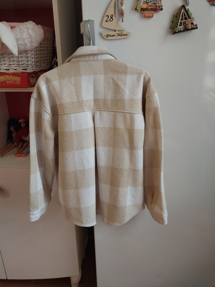 Bej Ekose Desenli Düğmeli Gömlek - Görsel 2