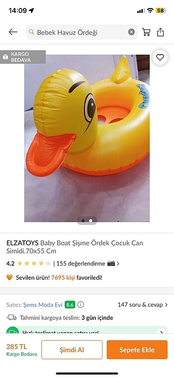 Beden Renk Şişme ördek, can simidi