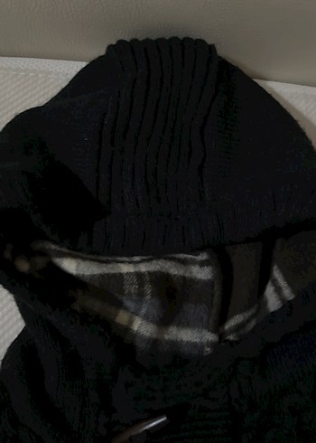 Düğmeli Kapüşonlu siyah Yün Erkek Kazak - Görsel 2