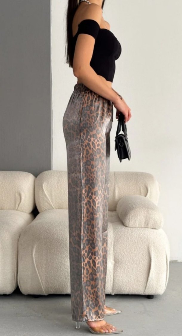 Kadın Leopar Desenli Bol Kesim Kumaş Pantolon - Görsel 3