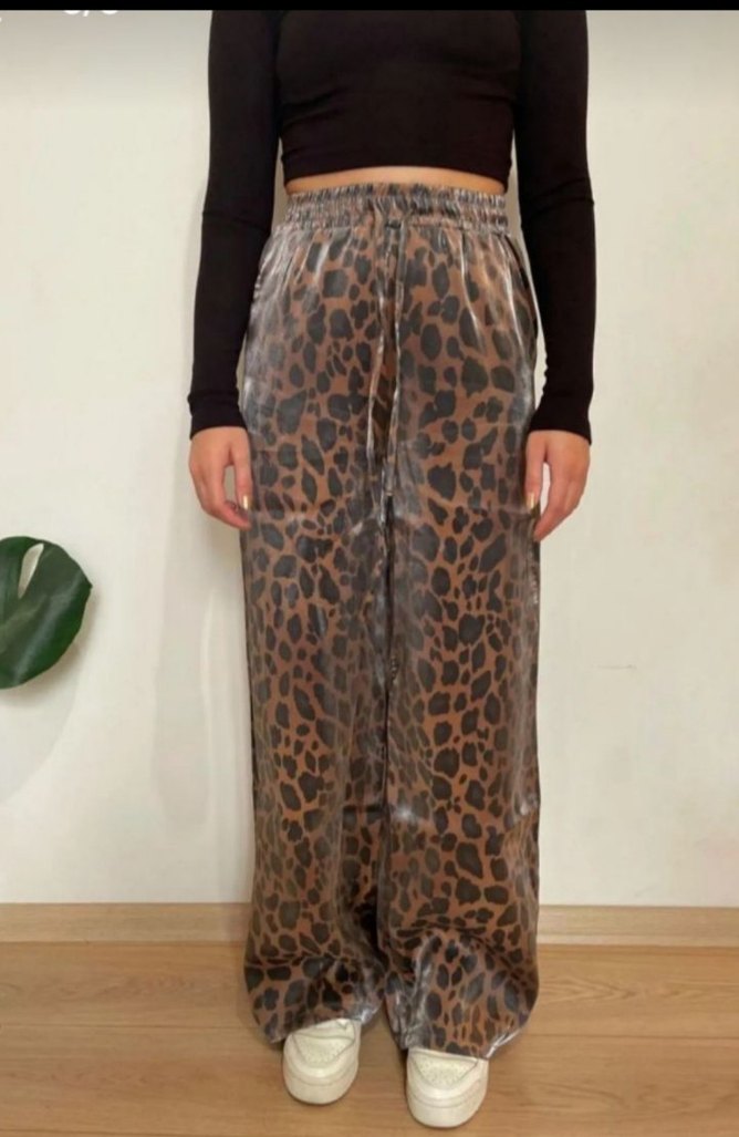 Kadın Leopar Desenli Bol Kesim Kumaş Pantolon - Görsel 5
