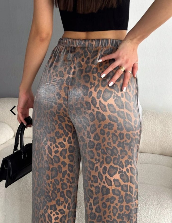 Kadın Leopar Desenli Bol Kesim Kumaş Pantolon - Görsel 2