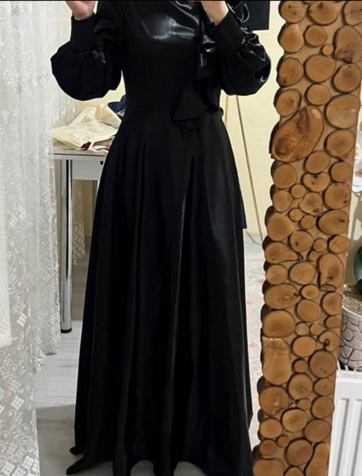 Siyah Uzun Kollu Saten Elbise L 40 - Görsel 3