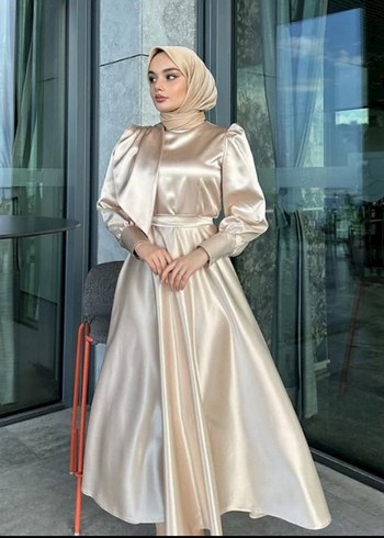 Bej Saten Uzun Kollu Abiye Elbise - Görsel 2