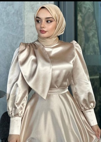 Bej Saten Uzun Kollu Abiye Elbise - Görsel 3