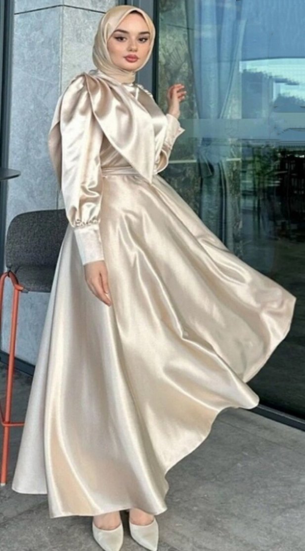 Bej Saten Uzun Kollu Abiye Elbise - Görsel 5