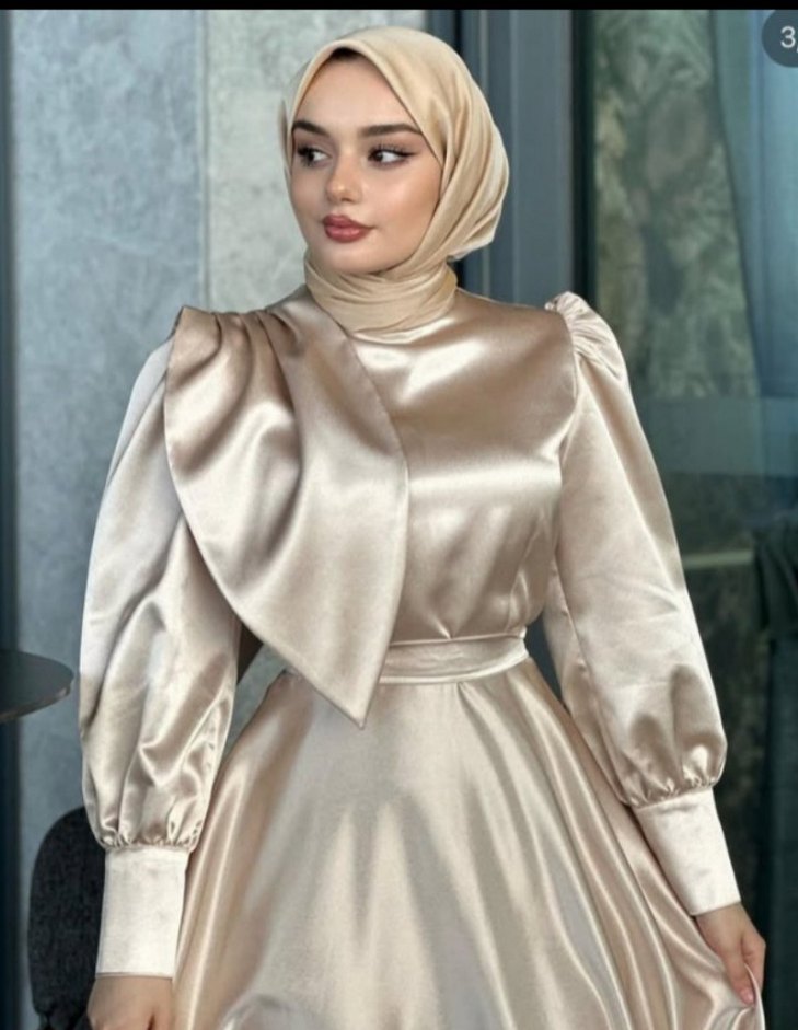 Bej Saten Uzun Kollu Abiye Elbise - Görsel 3