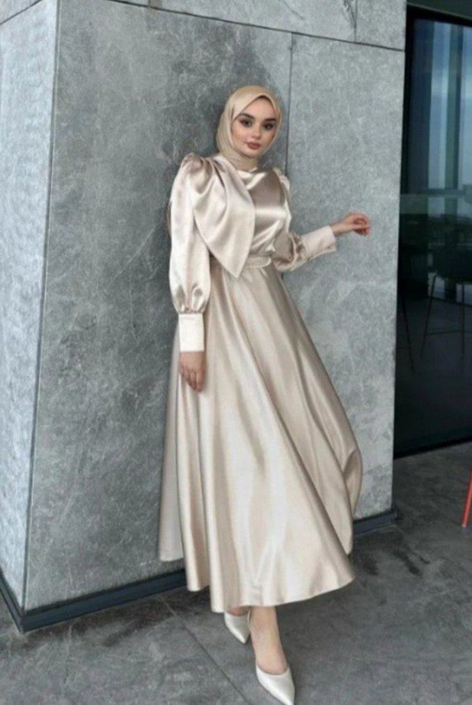 Bej Saten Uzun Kollu Abiye Elbise - Görsel 4