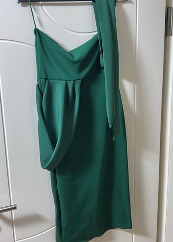 Yeşil Haki Straplez Kemer Detaylı Midi Boy Abiye Elbise - Görsel 2