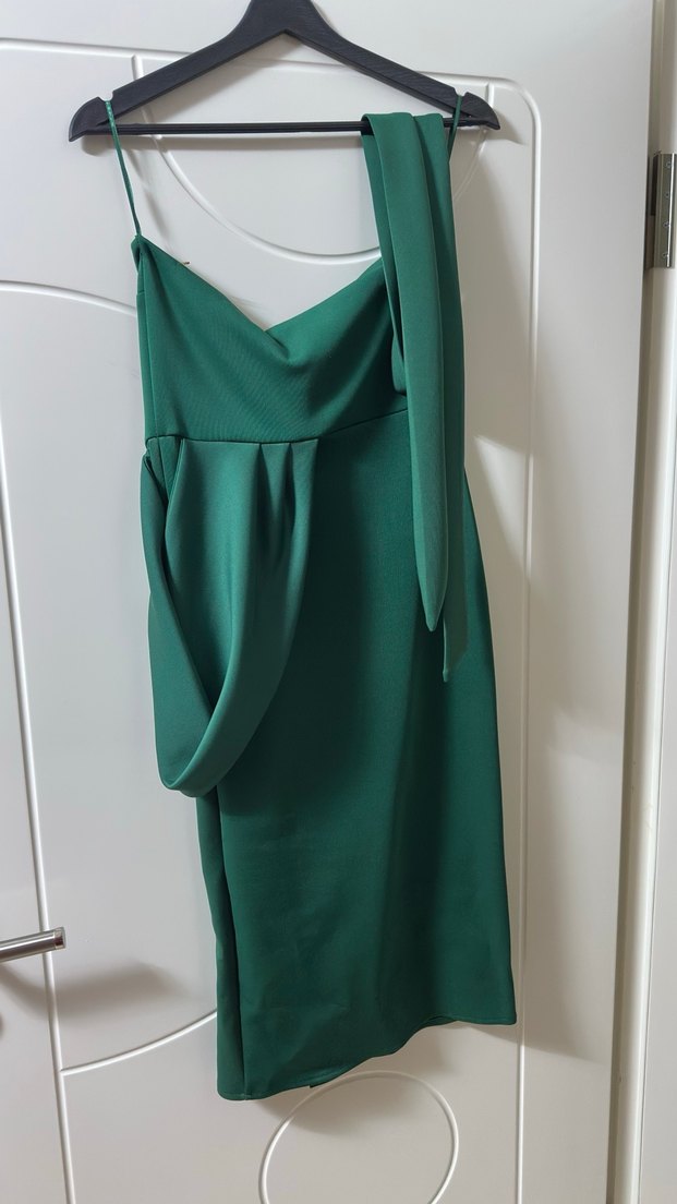 Yeşil Haki Straplez Kemer Detaylı Midi Boy Abiye Elbise - Görsel 2