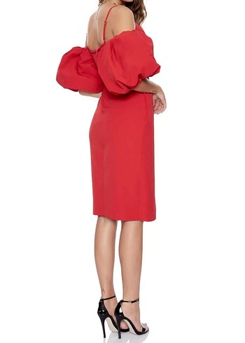 Kırmızı Drapeli Balon Kol Midi Yırtmaçlı Kalem Elbise - Görsel 2