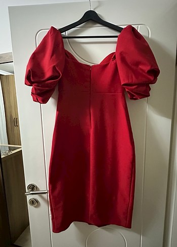 Kırmızı Drapeli Balon Kol Midi Yırtmaçlı Kalem Elbise - Görsel 4