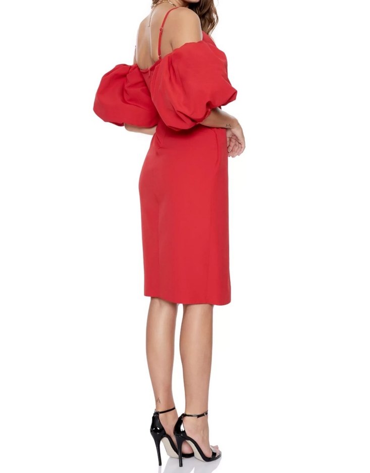 Kırmızı Drapeli Balon Kol Midi Yırtmaçlı Kalem Elbise - Görsel 2