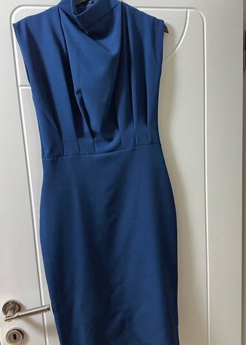 Petrol Vücuda Oturan Dik Yaka Midi Kalem Dokuma Elbise - Görsel 3