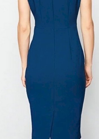 Petrol Vücuda Oturan Dik Yaka Midi Kalem Dokuma Elbise - Görsel 2