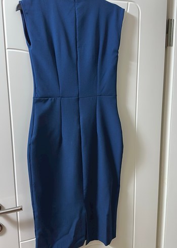 Petrol Vücuda Oturan Dik Yaka Midi Kalem Dokuma Elbise - Görsel 4