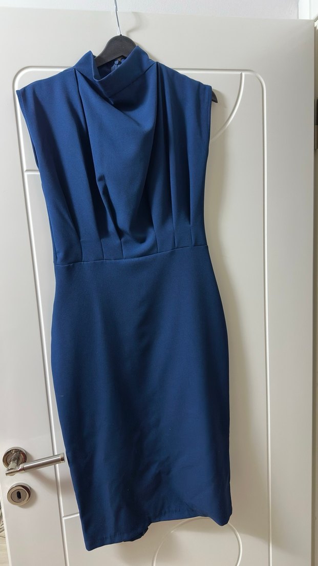 Petrol Vücuda Oturan Dik Yaka Midi Kalem Dokuma Elbise - Görsel 3