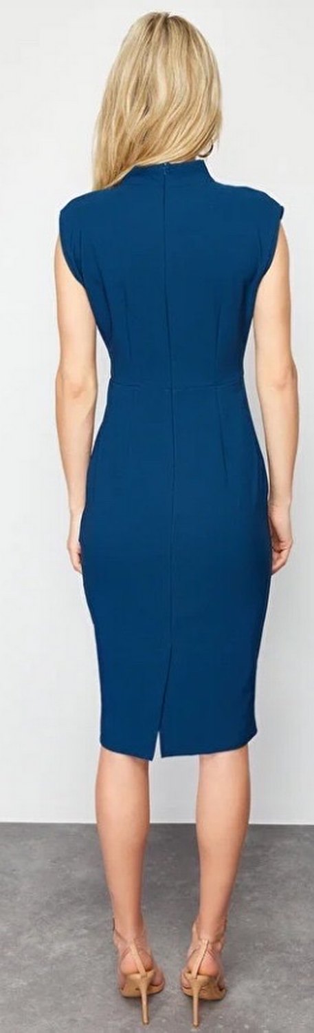 Petrol Vücuda Oturan Dik Yaka Midi Kalem Dokuma Elbise - Görsel 2