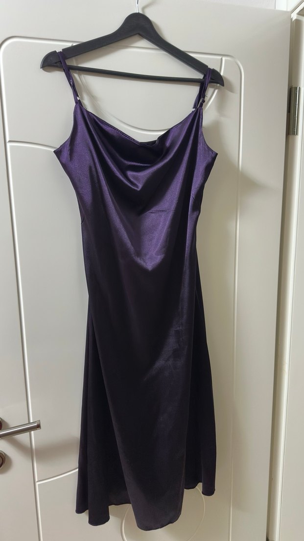 Mor Uzun Saten Şık Elbise - Görsel 2