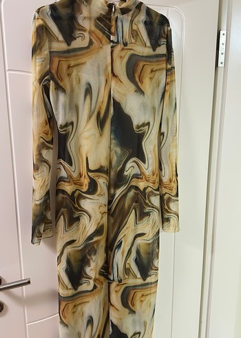 Yarım Balıkçı Yaka Uzun Tül Kol Palvan Kadın Renkli Midi Elbise - Görsel 3