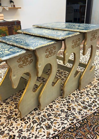 Turkuaz Eskitme El Boyama Zigon Sehpa - Görsel 2