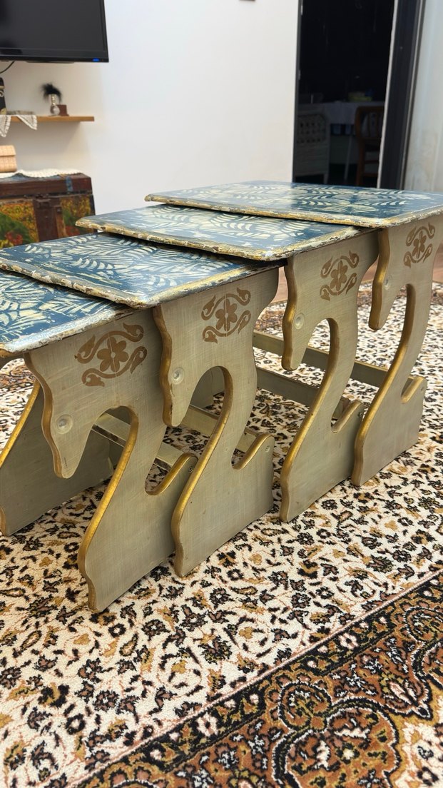 Turkuaz Eskitme El Boyama Zigon Sehpa - Görsel 2